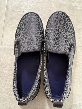 Black cheetah print Sperry slip on shoes